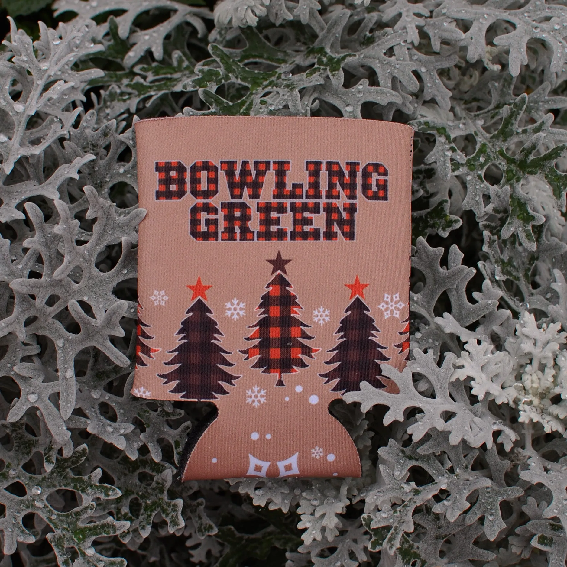 MCM Bowling Green Plaid Trees Koozie